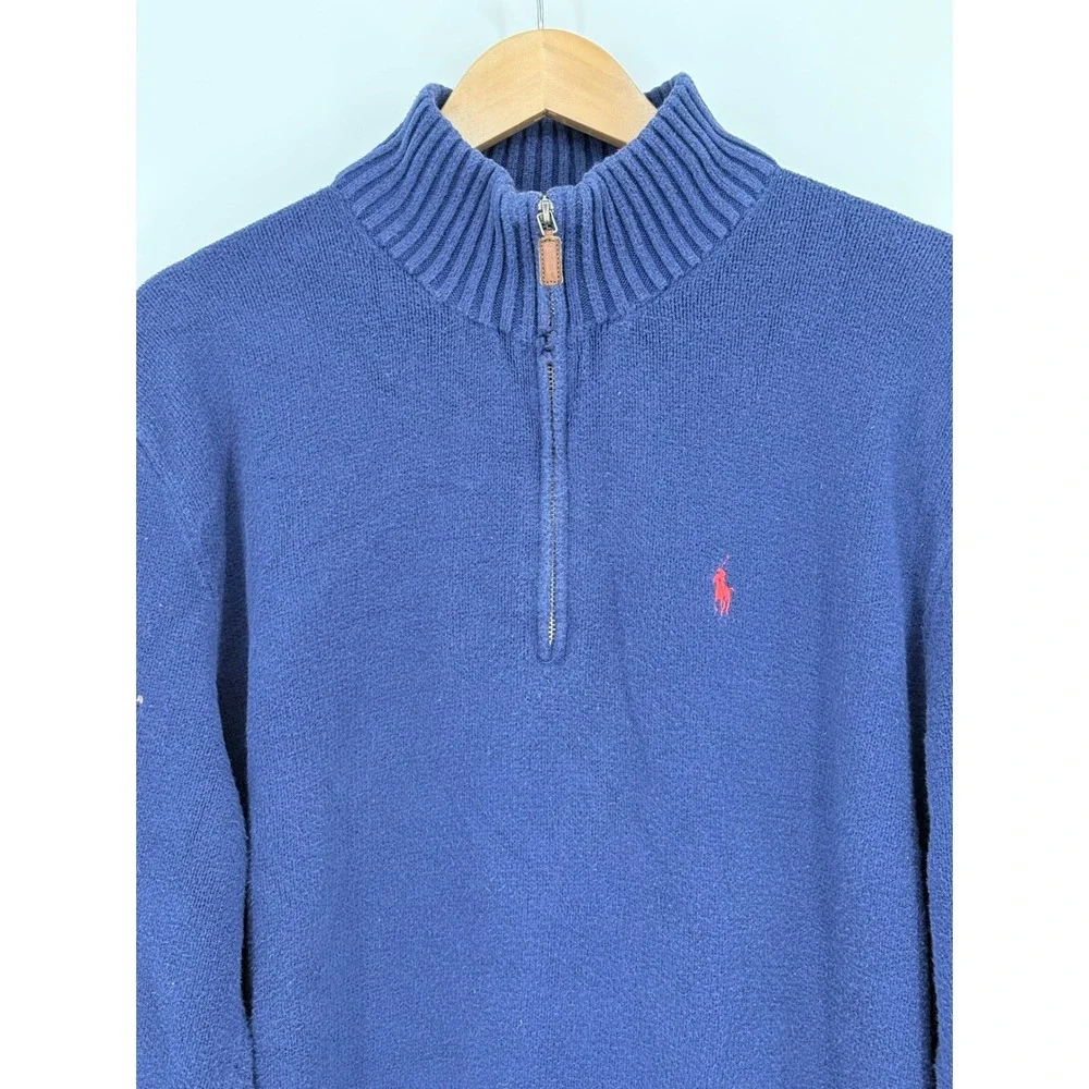 Polo Ralph Lauren 1/4 Zip Sweater Mens Large Blue Cotton Red‎ Pony Logo Pullover